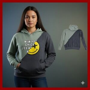 Love Junkie Hoodie Womens Small Sage Gray Smiley Face Cities Pullover Sweatshirt